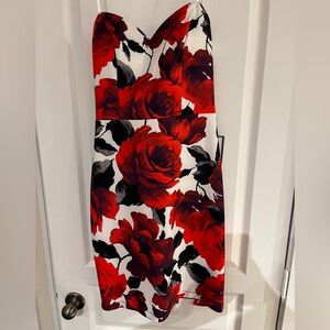 Strapless red and black floral dress